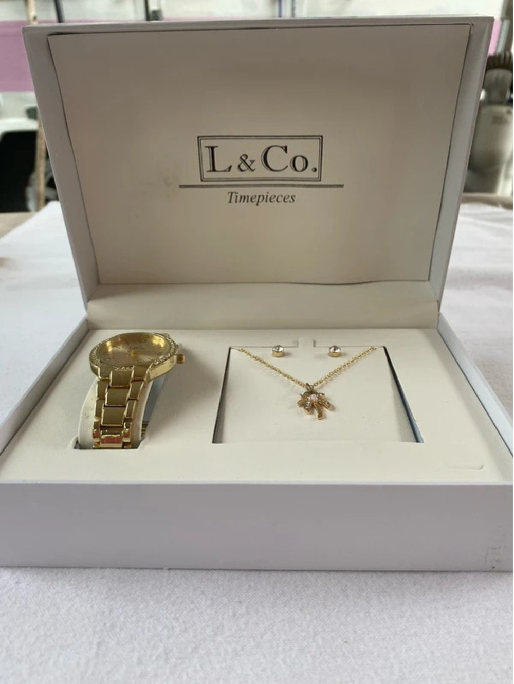 L&Co. Gold Toned Watch, Necklace, and Earrings Set New in Box
